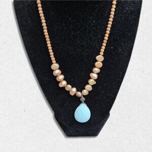 Lustrous Pearl Wood Bead Necklace Larimar Teardrop Pendant Brown/Blue Women's OS